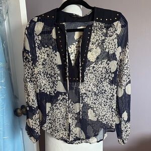 Navy and white floral with gold threading